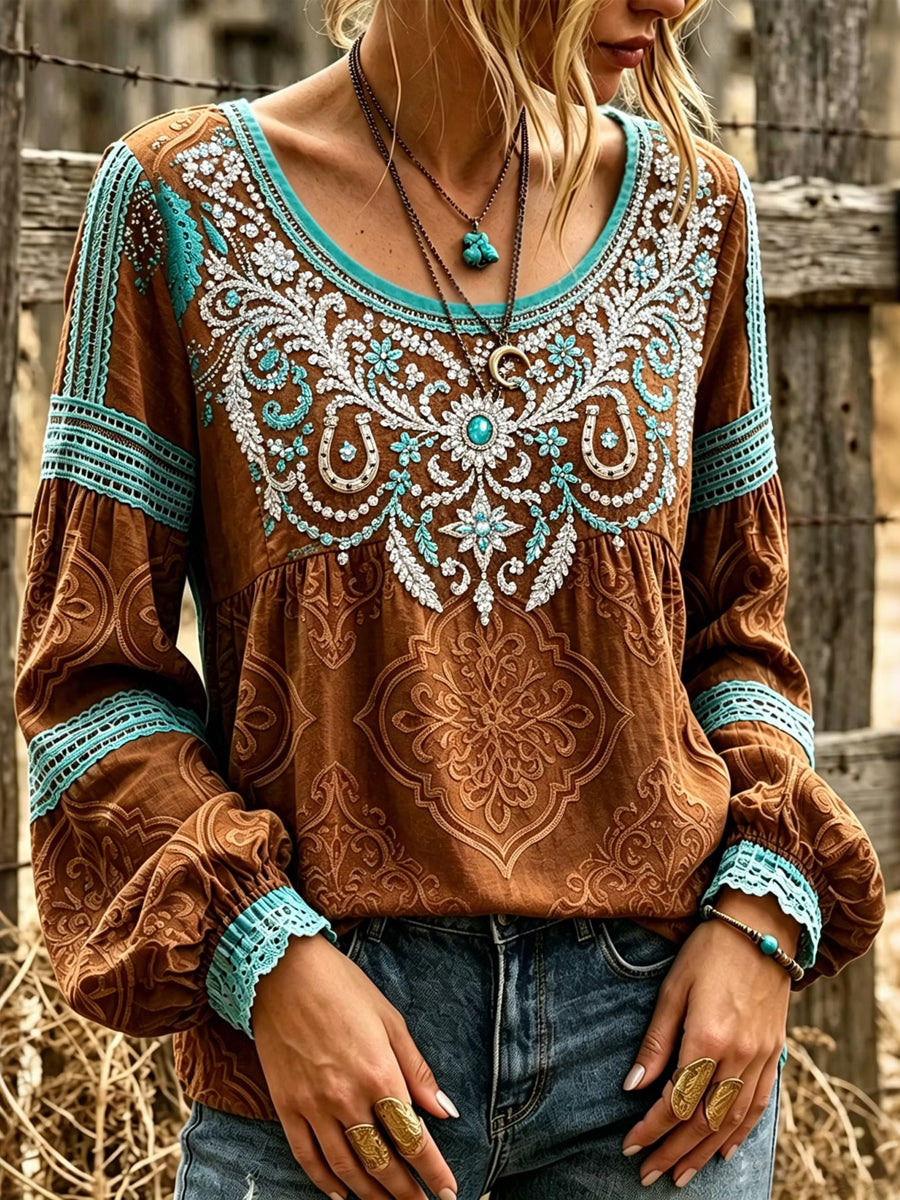 Women's Vintage Western Floral Art Glitter Print Cotton and Linen Top