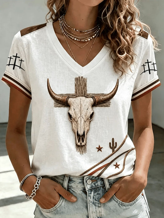 Women's Western Bull Skull short-sleeved T-shirt