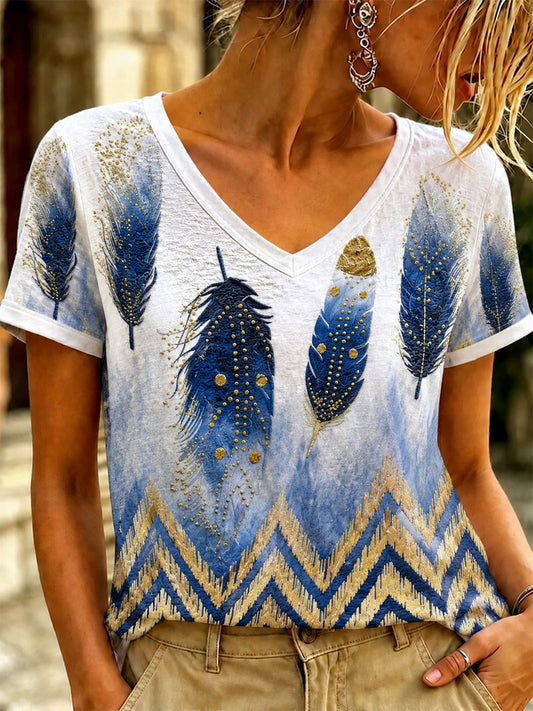Women's Vintage Western Printed V-neck T-shirt