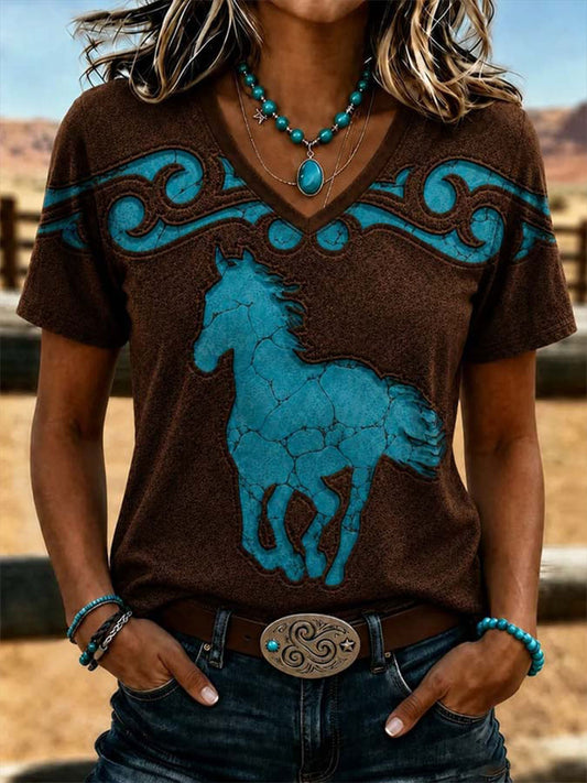 Women's Western Turquoise Horse Short-sleeved T-shirt