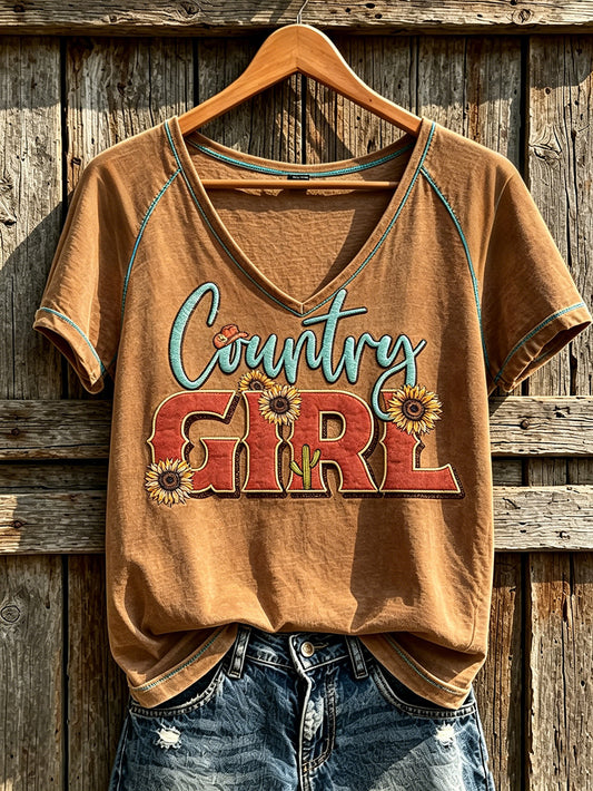 Women's Western Style Retro Pattern Printed Casual V Neck Short Sleeve T-Shirt