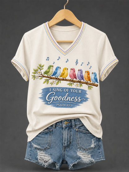 Women's I Will Sing Of The Goodness Of God Psalm 89:1 Christian Bird Print Casual V-Neck Tee