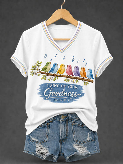 Women's I Will Sing Of The Goodness Of God Psalm 89:1 Christian Bird Print Casual V-Neck Tee