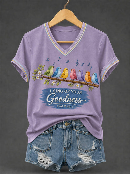 Women's I Will Sing Of The Goodness Of God Psalm 89:1 Christian Bird Print Casual V-Neck Tee