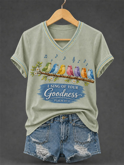 Women's I Will Sing Of The Goodness Of God Psalm 89:1 Christian Bird Print Casual V-Neck Tee