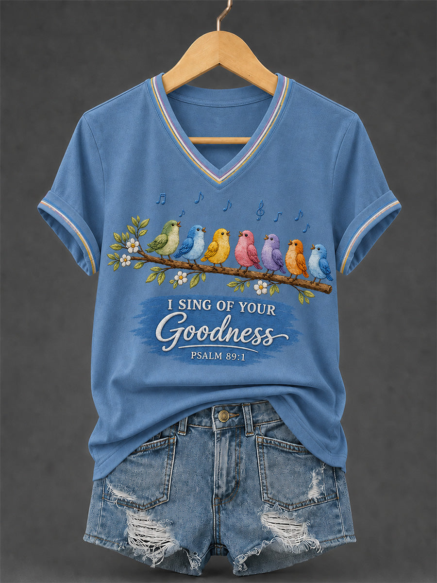 Women's I Will Sing Of The Goodness Of God Psalm 89:1 Christian Bird Print Casual V-Neck Tee