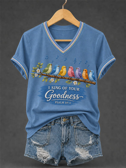 Women's I Will Sing Of The Goodness Of God Psalm 89:1 Christian Bird Print Casual V-Neck Tee
