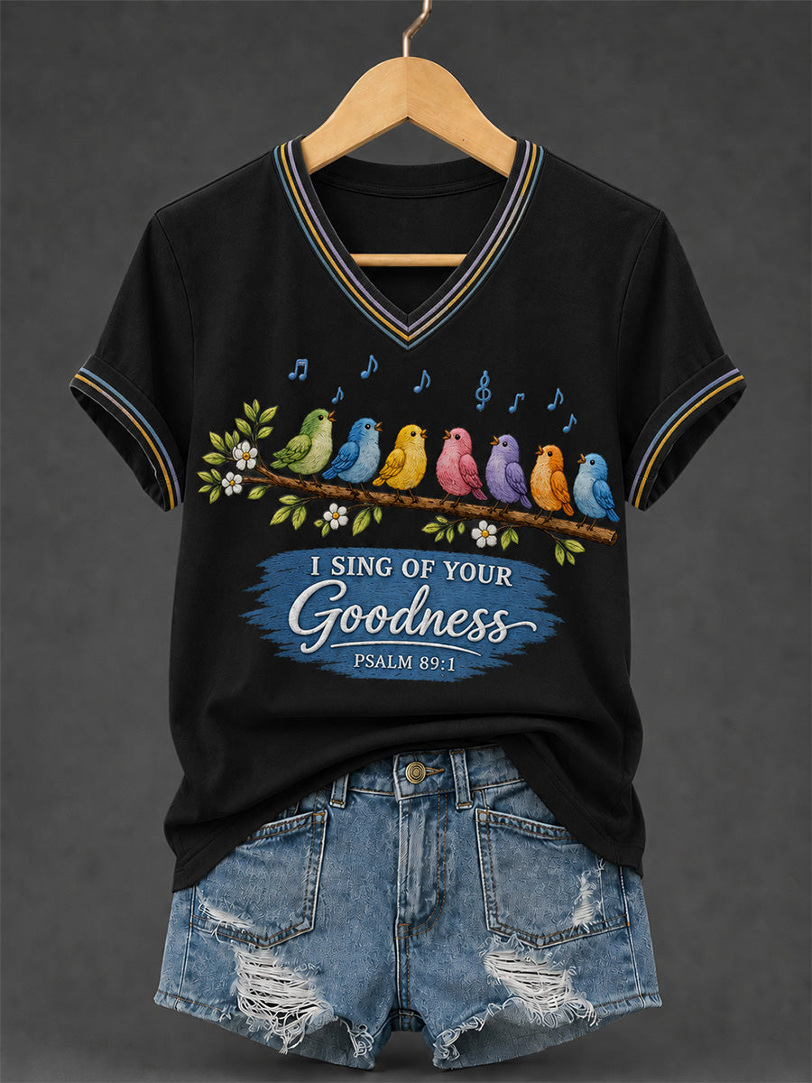 Women's I Will Sing Of The Goodness Of God Psalm 89:1 Christian Bird Print Casual V-Neck Tee