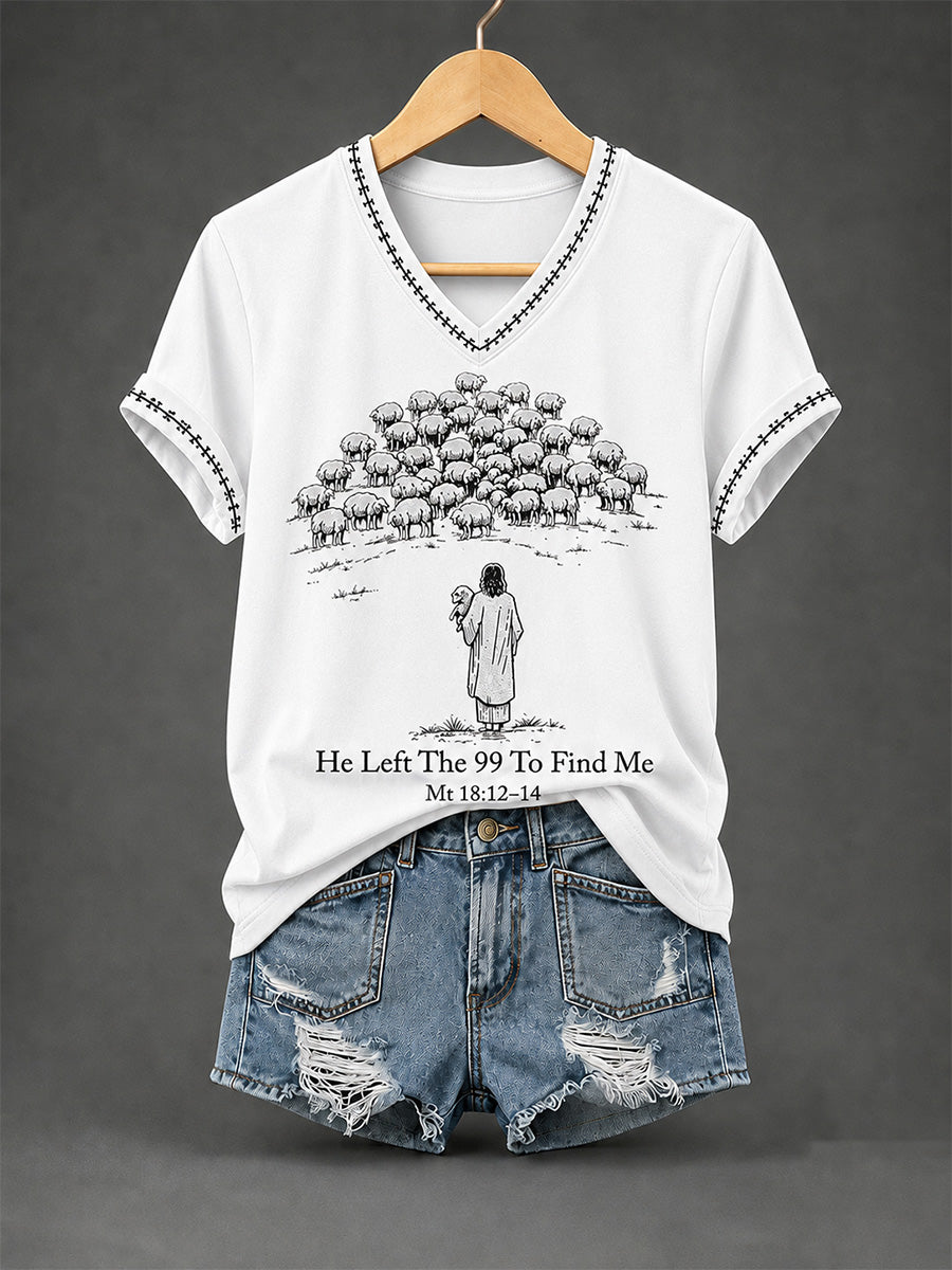 Women's Christian He Left The 99 To Find Me Print Casual V-Neck Tee
