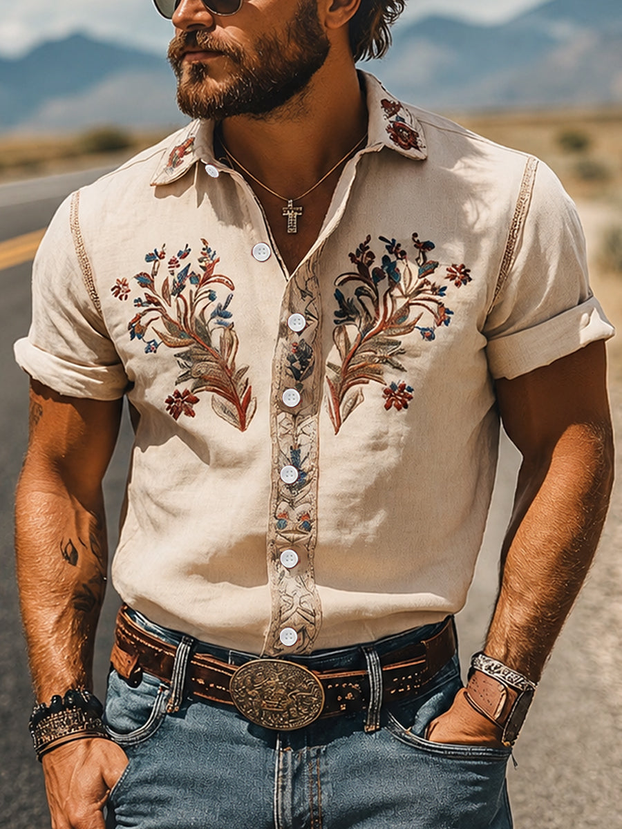 Men's Vintage Western Printed Short Sleeve Shirt