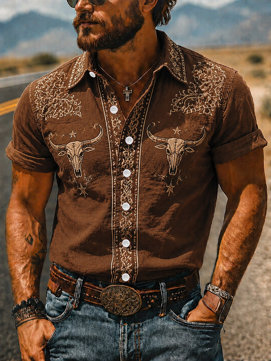 Men's Vintage Western Printed Short Sleeve Shirt