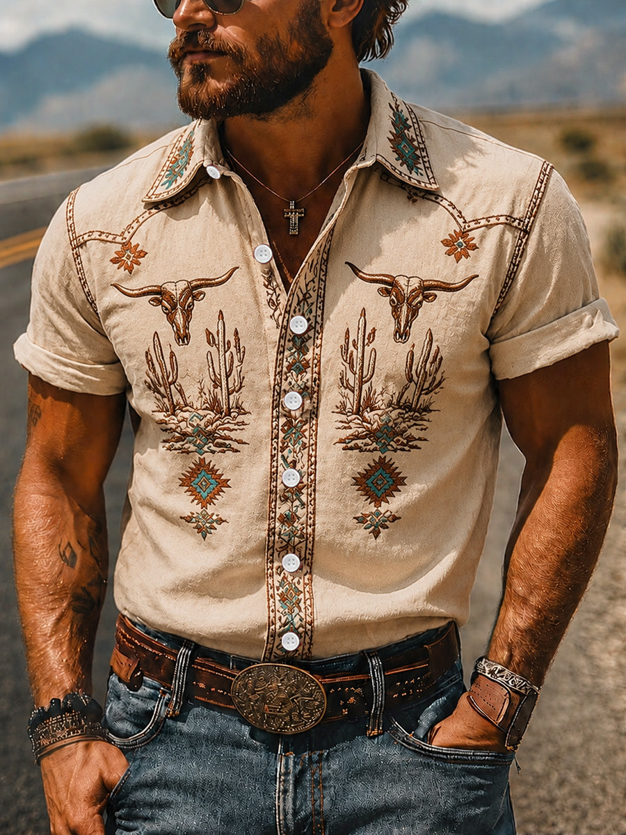 Men's Vintage Western Printed Short Sleeve Shirt