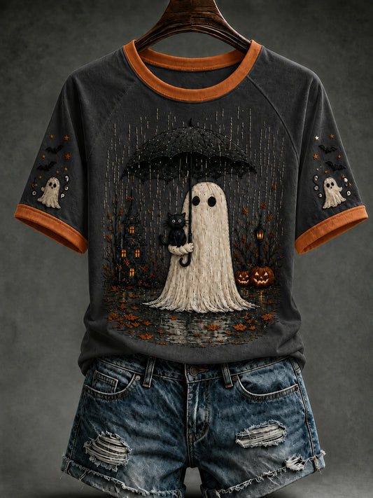 Women's Retro Halloween Black Cat Ghost Pumpkin Short Sleeve T-shirt