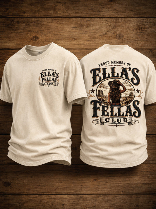 Men's Retro Western Ella's Fellas Club Print Casual Tee