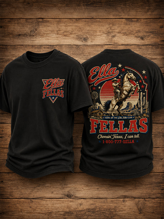 Men's Retro Western Ella's Fellas Club Cowboy Print Casual Tee