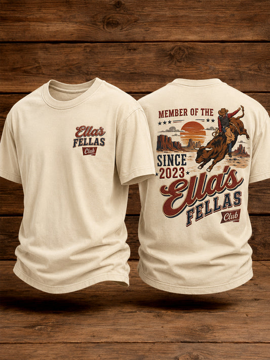 Men's Retro Western Ella's Fellas Club Cowboy Print Casual Tee