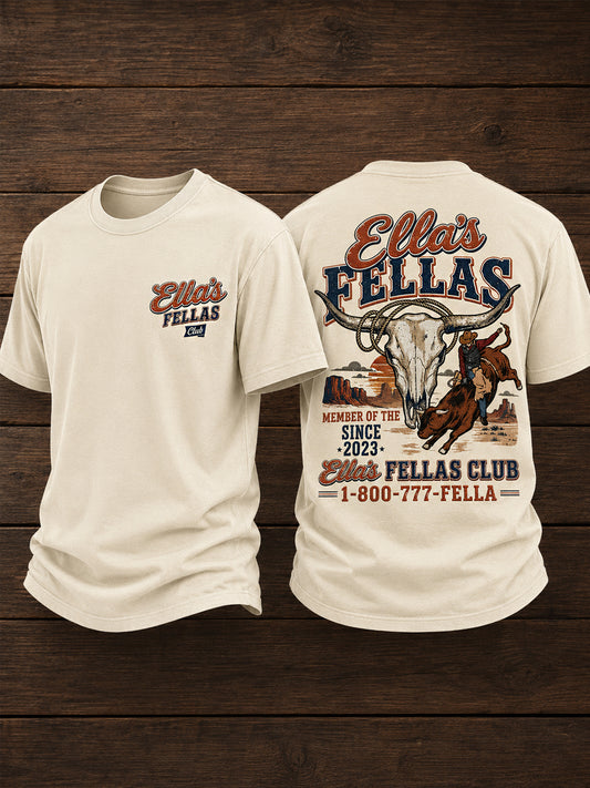Men's Retro Western Ella's Fellas Club Cowboy Print Casual Tee