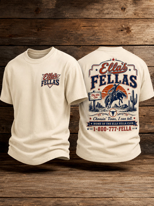 Men's Retro Western Ella's Fellas Club Cowboy Print Casual Tee