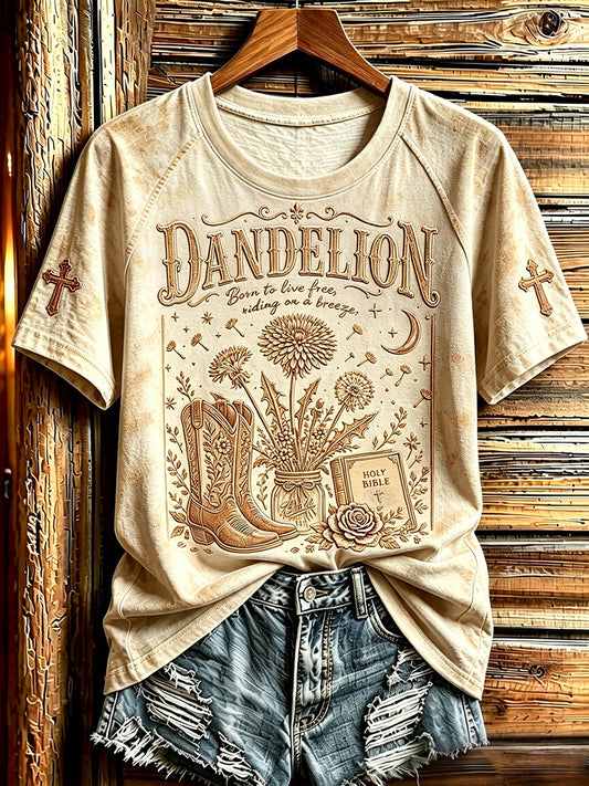 Women's Dandelion Western Cowgirl Born To Live Free Print Round Neck Short Sleeve T-shirt