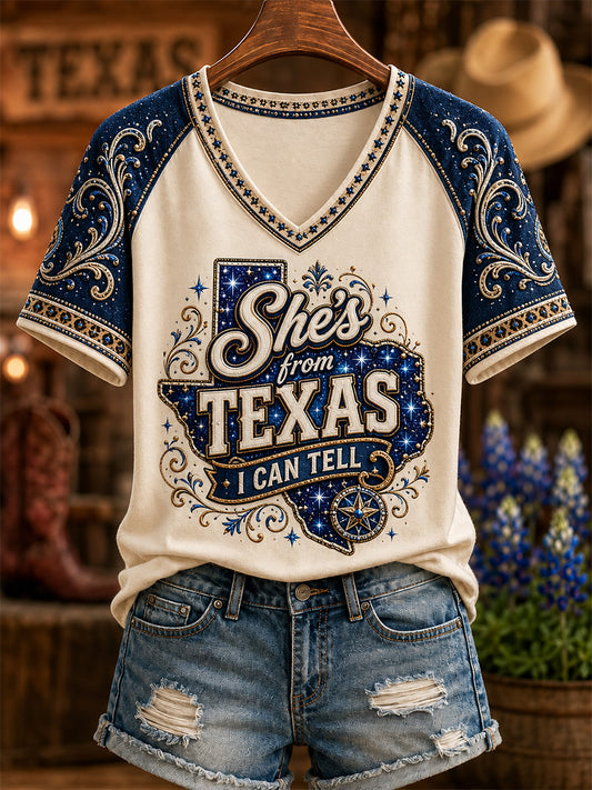 Women's She's From Texas I Can Tell Print Casual V-Neck Tee