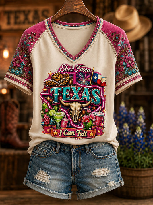 Women's She's From Texas I Can Tell Print Casual V-Neck Tee
