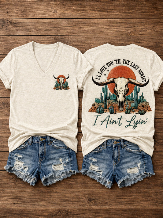 Women's Western I'll Love You 'Til My Lungs Give Out Country Music Print Casual V-Neck Tee