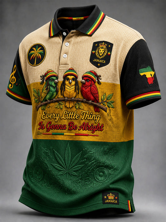 Retro Reggae-Inspired Geometric Casual Waffle-Weave Polo Shirt