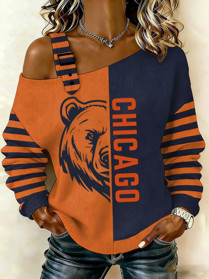 Women's Bear Print Football Fans Gameday Casual Off-Shoulder Top