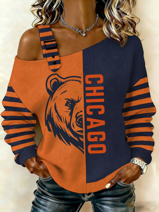 Women's Bear Print Football Fans Gameday Casual Off-Shoulder Top