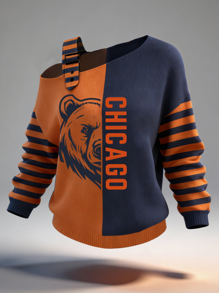 Women's Bear Print Football Fans Gameday Casual Off-Shoulder Top