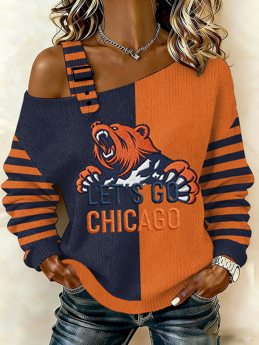 Women's Let’s Go Chicago Print Football Fans Gameday Casual Off-Shoulder Top