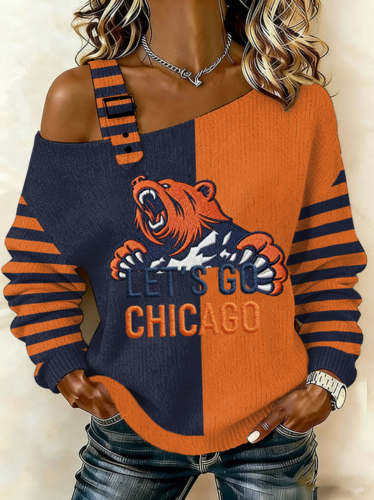 Women's Let’s Go Chicago Print Football Fans Gameday Casual Off-Shoulder Top