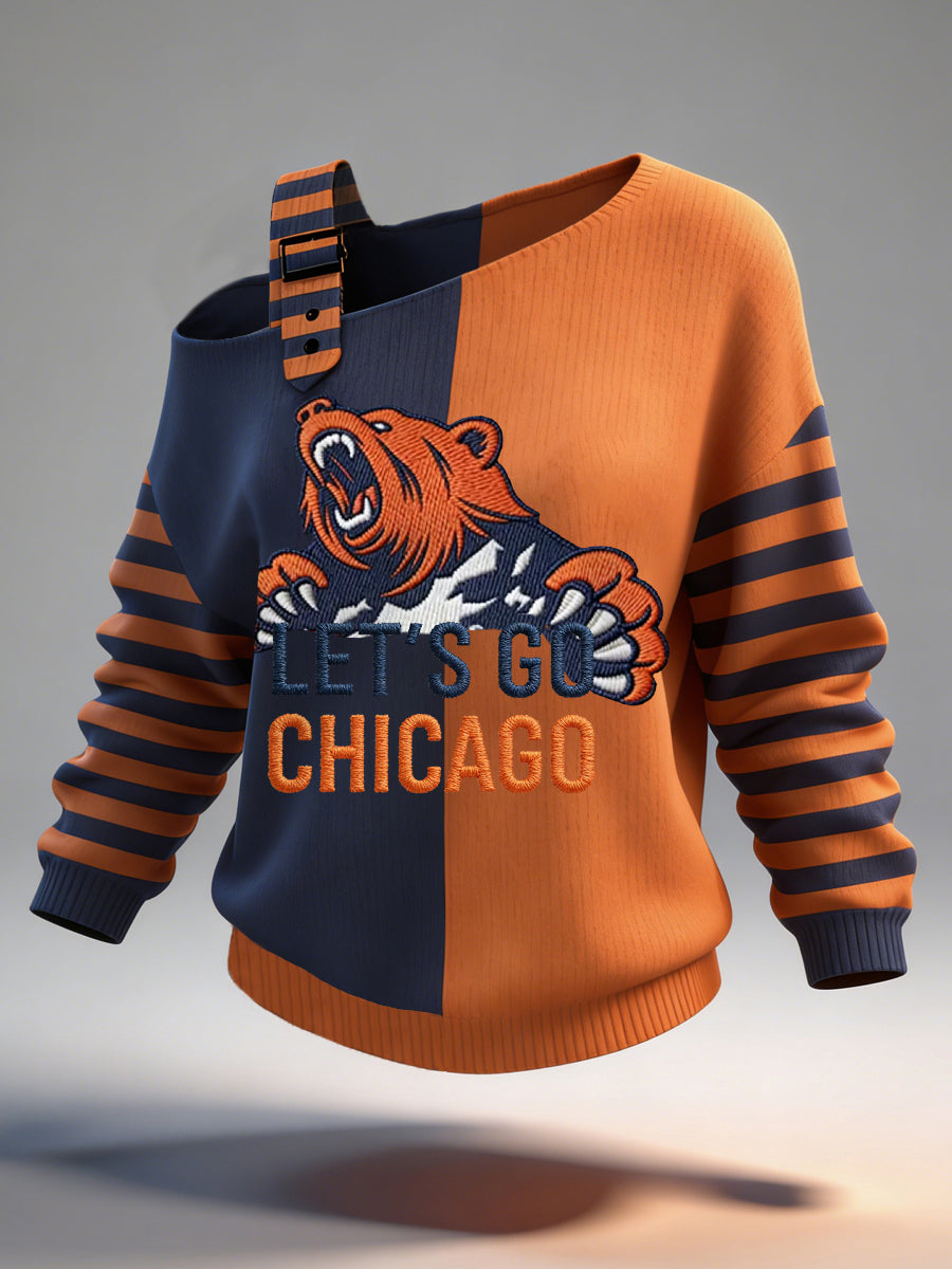 Women's Let’s Go Chicago Print Football Fans Gameday Casual Off-Shoulder Top