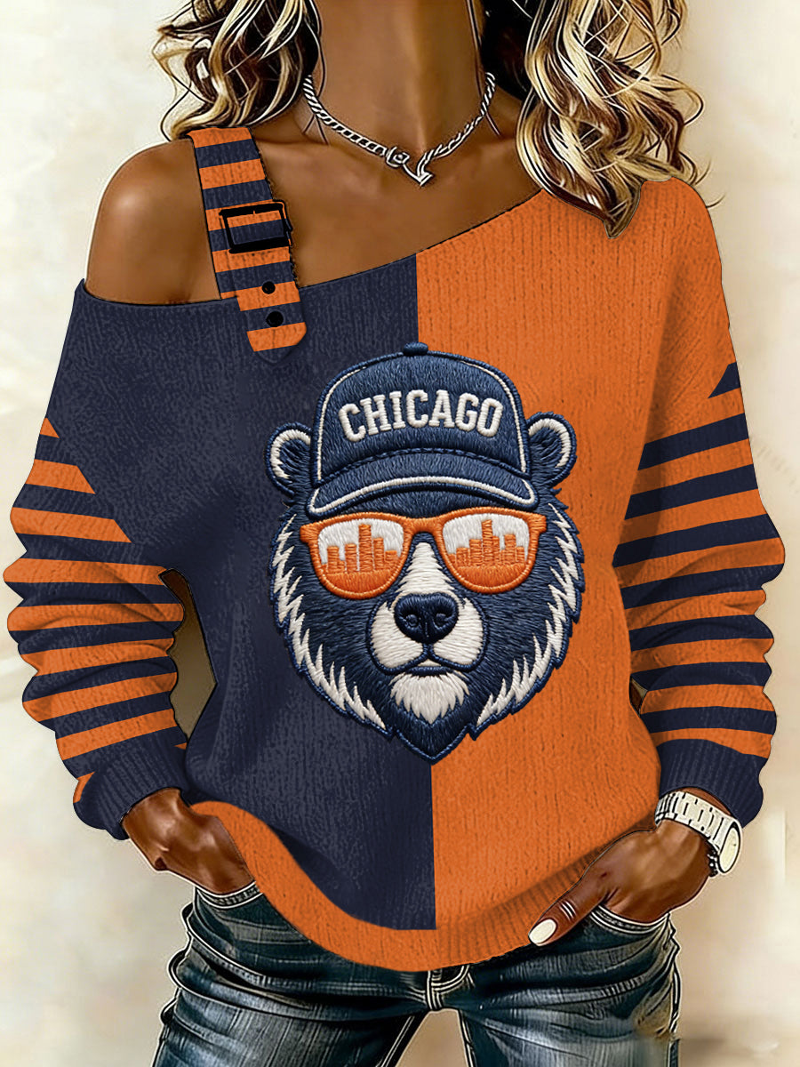 Women's Bear Print Football Fans Gameday Casual Off-Shoulder Top