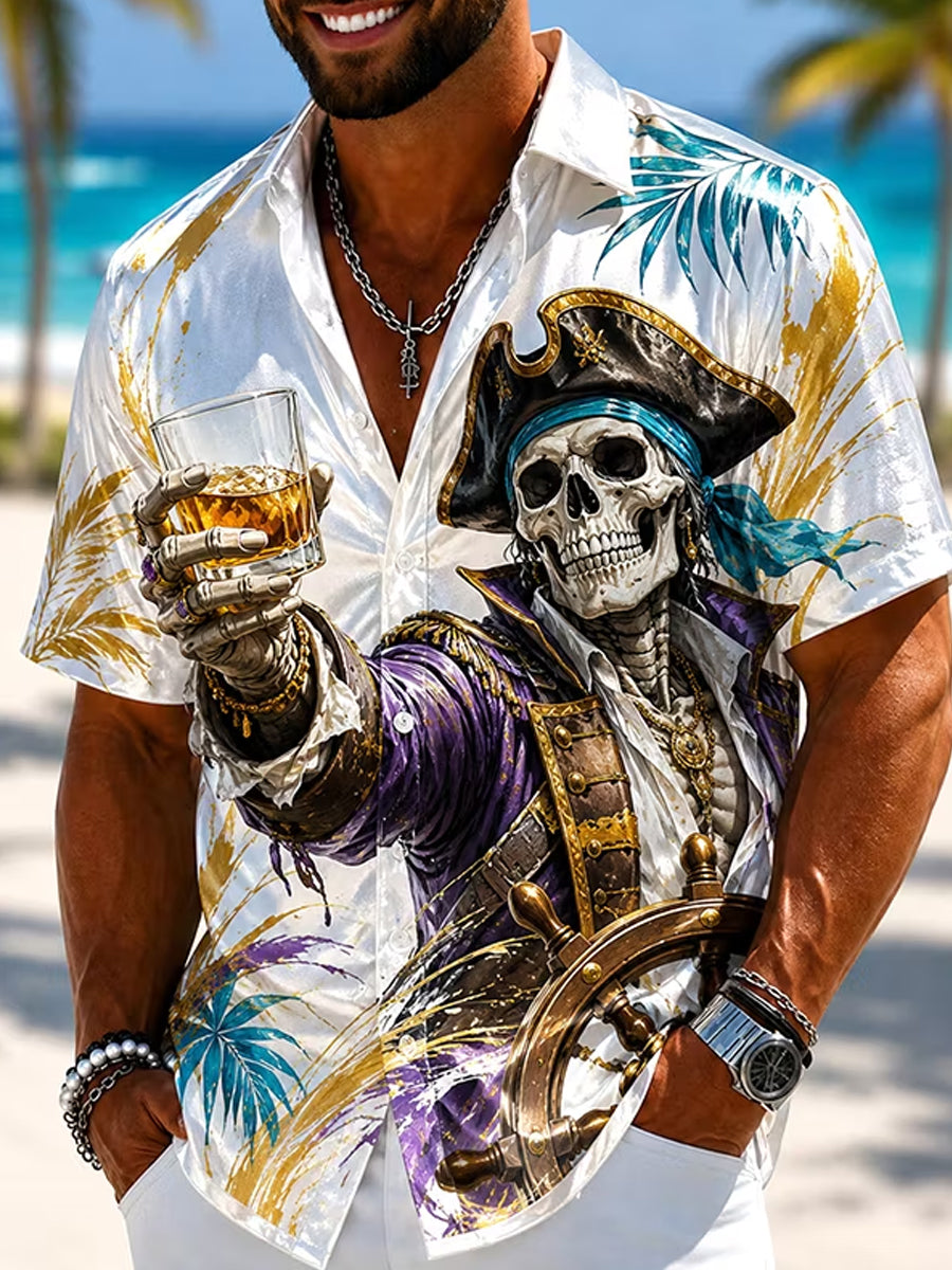 Men's Skull Pirate Captain Vacation Drinking Art Print Shirt