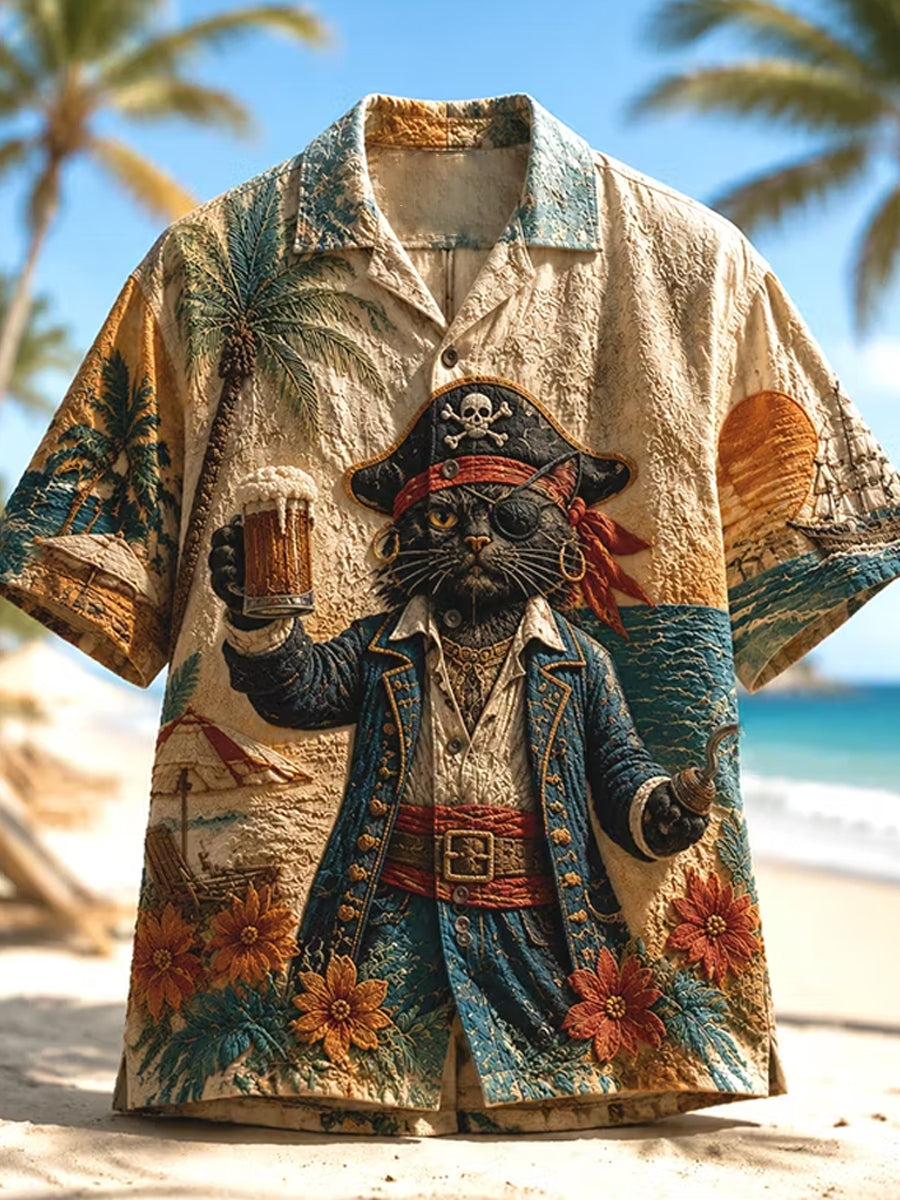 Men's Skull Pirate Cat Captain Vacation Drinking Art Print Shirt