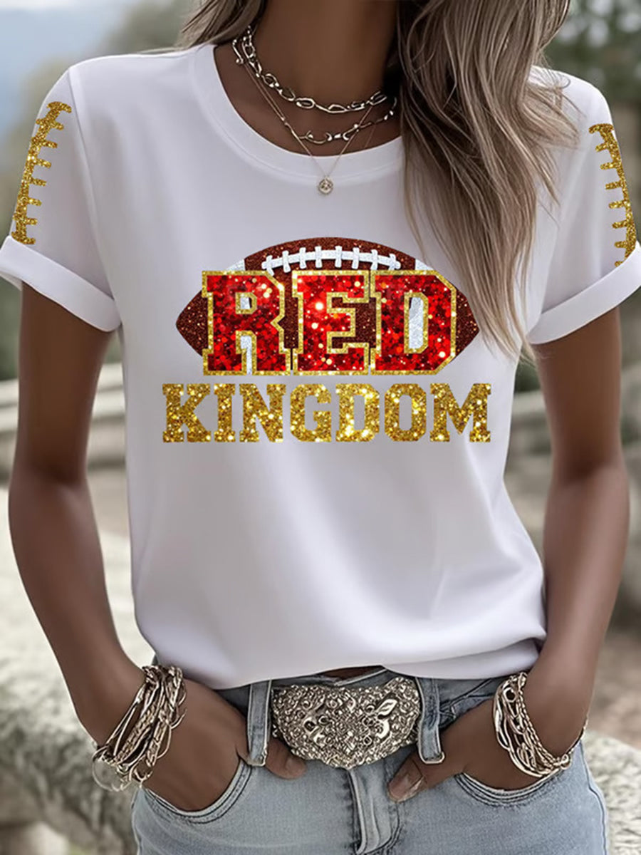 Women's Red Kingdom Football Print Crew Neck T-Shirt