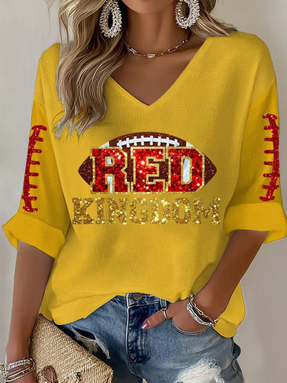 Women's Red Kingdom Football Print V-neck Tops