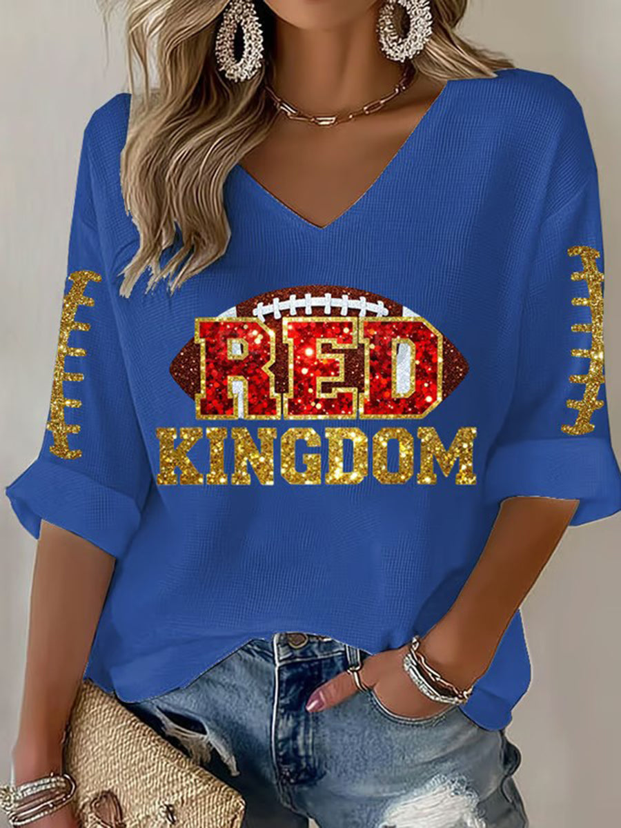 Women's Red Kingdom Football Print V-neck Tops