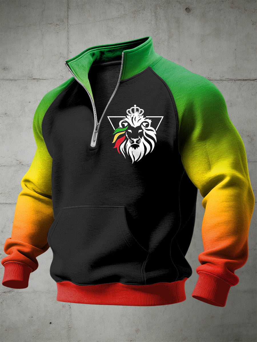 Men's Reggae Printed Half Zip Stand Up Collar With Raglan Sleeves Sweatshirt