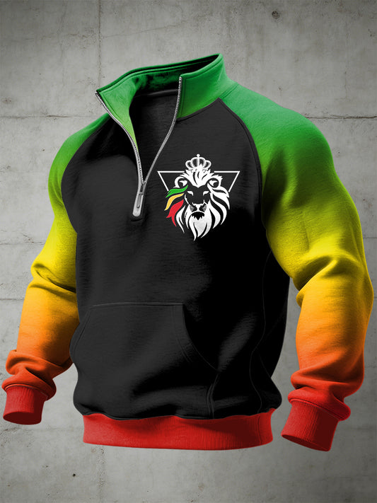 Men's Reggae Printed Half Zip Stand Up Collar With Raglan Sleeves Sweatshirt