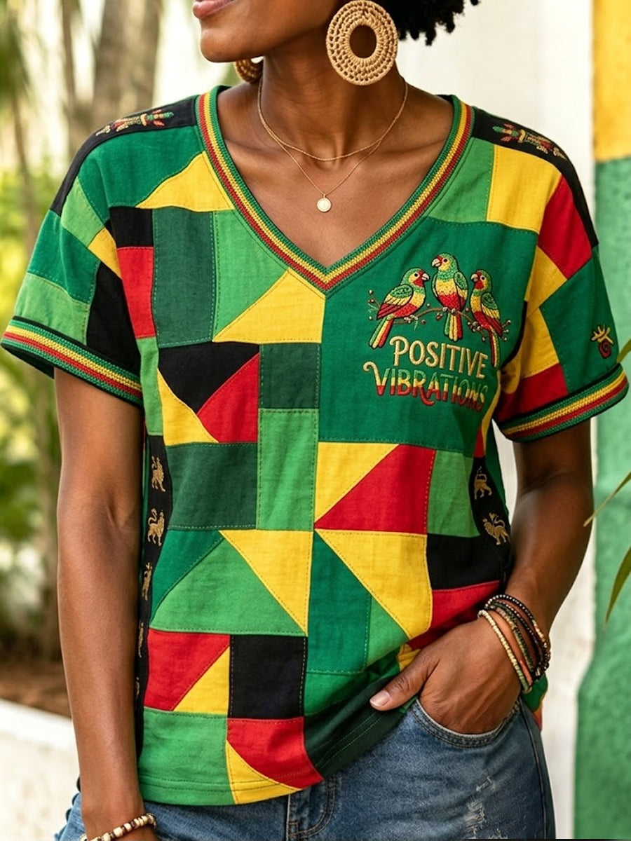 Women's Retro Reggae Geometric Patchwork Casual V-Neck T-Shirt