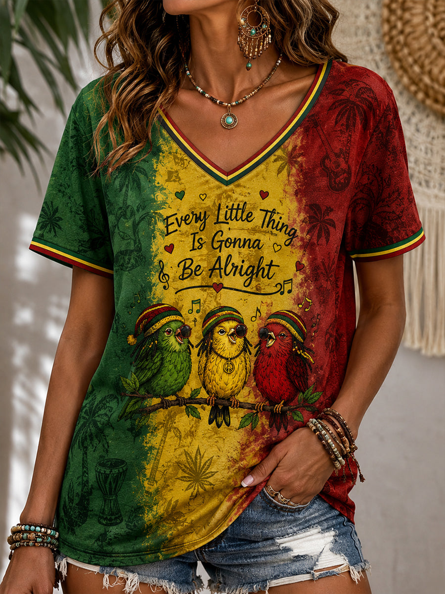 Women's Fun Reggae-Style Colorful Casual V-Neck T-Shirt