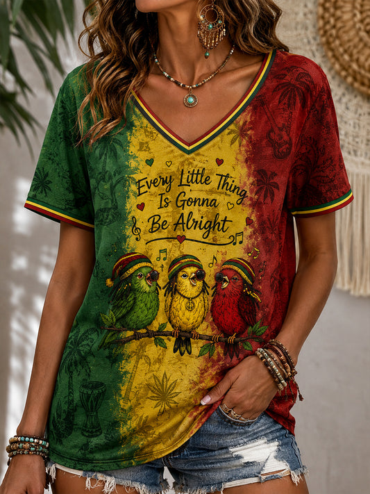 Women's Fun Reggae-Style Colorful Casual V-Neck T-Shirt