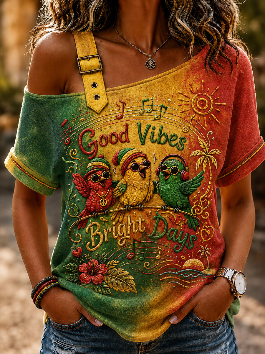 Women's Gradient Casual Off-the-Shoulder T-Shirt for Reggae Music Fans