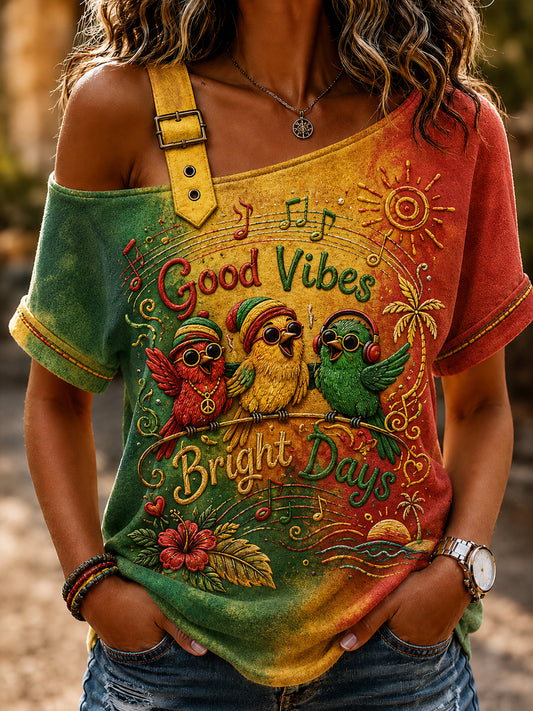 Women's Gradient Casual Off-the-Shoulder T-Shirt for Reggae Music Fans