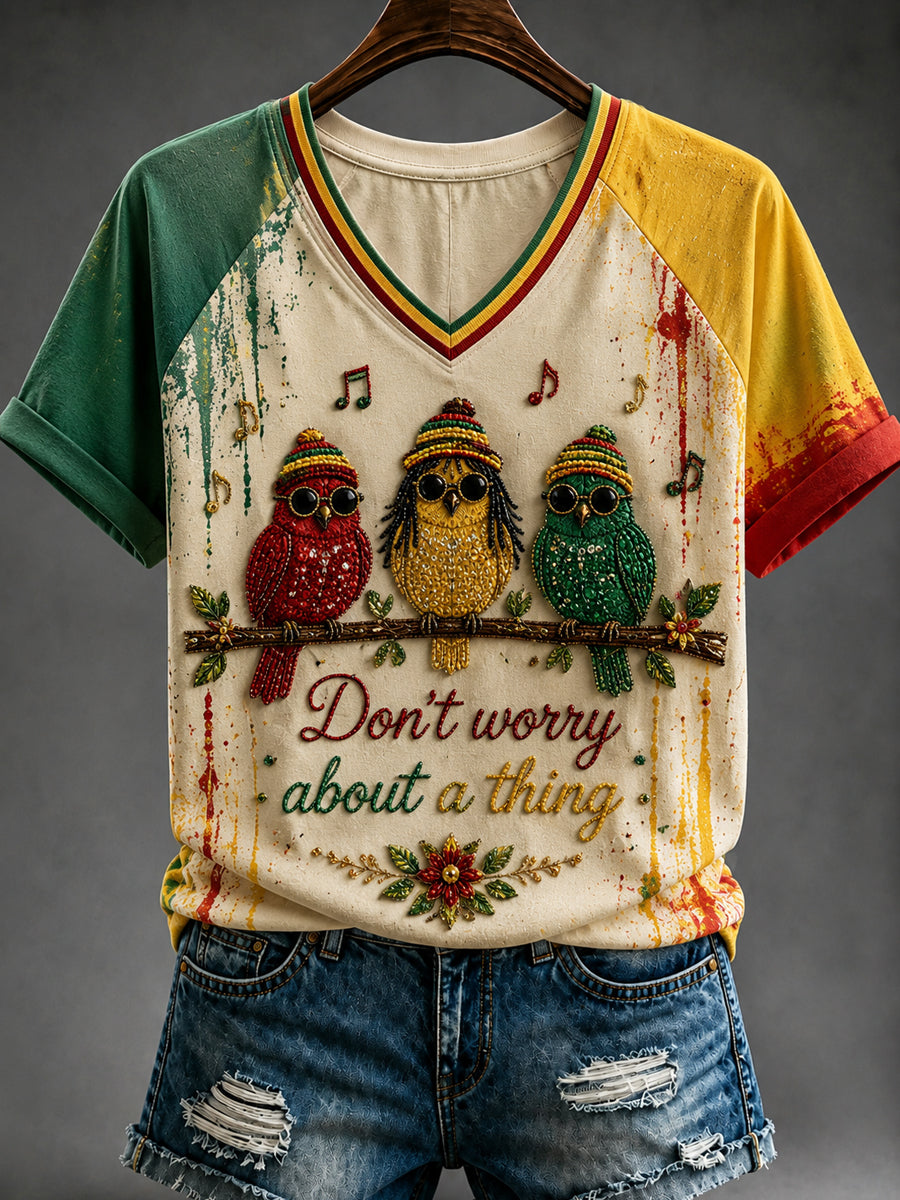 Retro Reggae Art-Print Casual V-Neck T-Shirt