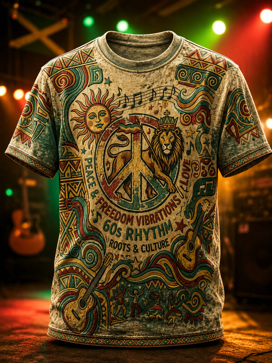 Vintage Reggae Lion and Peace Guitar Casual T-Shirt