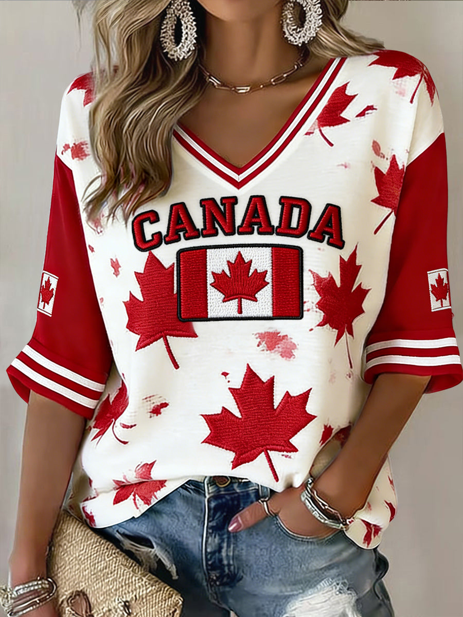 Retro Soccer Maple Leaf Casual V-Neck Top