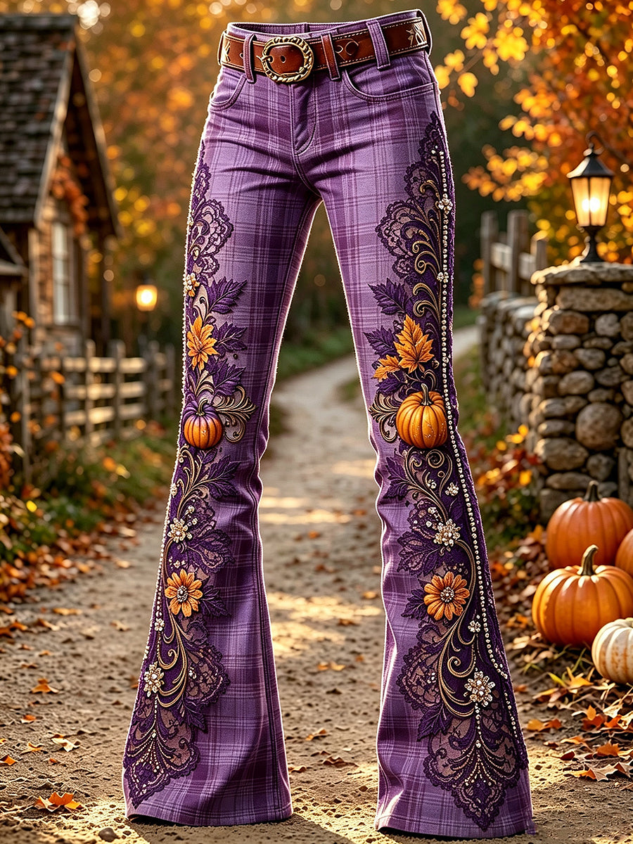 Women's Halloween Pumpkin Flowers Art Print Flared Trousers